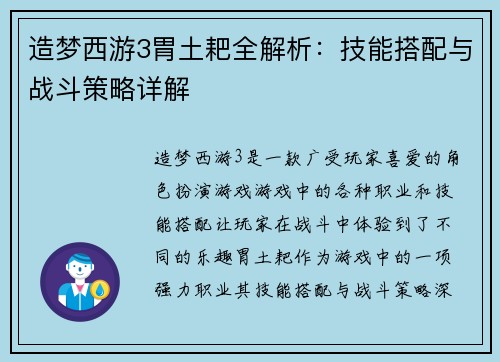 造梦西游3胃土耙全解析：技能搭配与战斗策略详解
